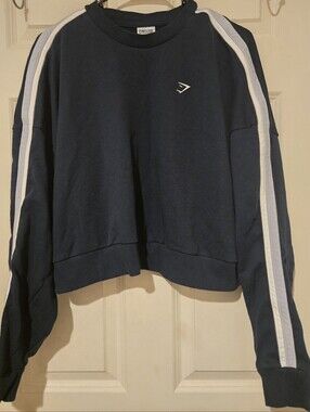 Gymshark Navy Crew Sweatshirt with White Sleeve Stripes
